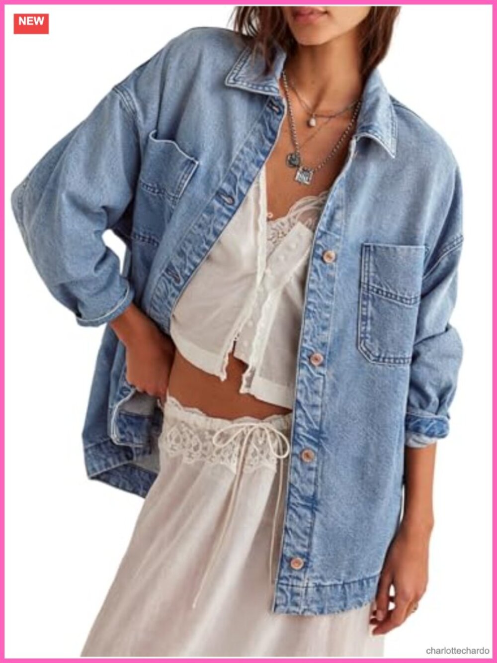 Oversized Denim Jacket with Embroidery, Loose Fit Long Sleeve Button Down,